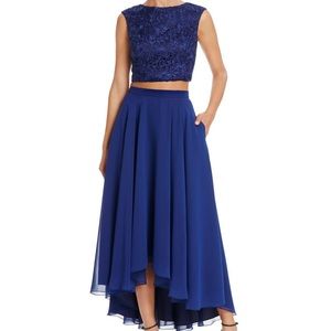Blue two-piece laced prom dress